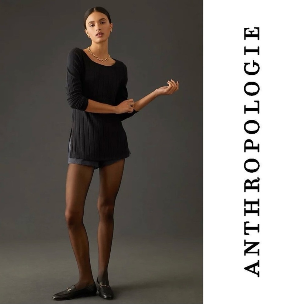 💫ANTHROPOLOGIE Black Ribbed Side Slit Tunic Sweater